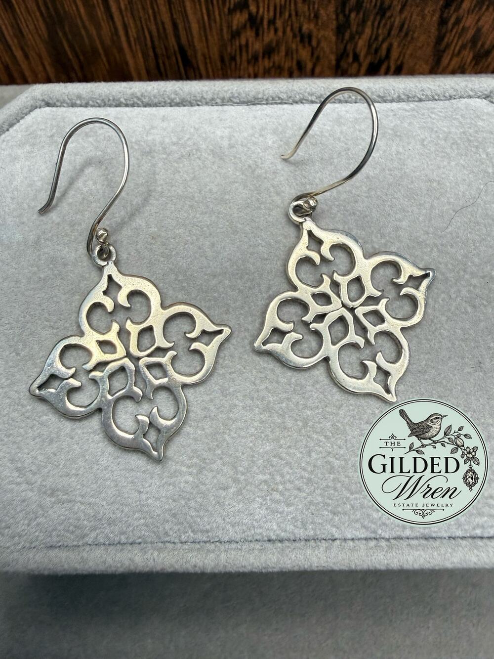 Sterling Silver Open Filigree Dangle Earrings Southern Garden Gate Scroll 925